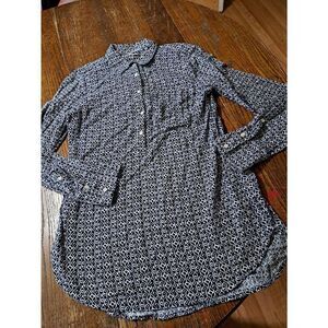 Small Merona Blue White Long Sleeve Cotton Button Front Collar Shirt Blouse Top